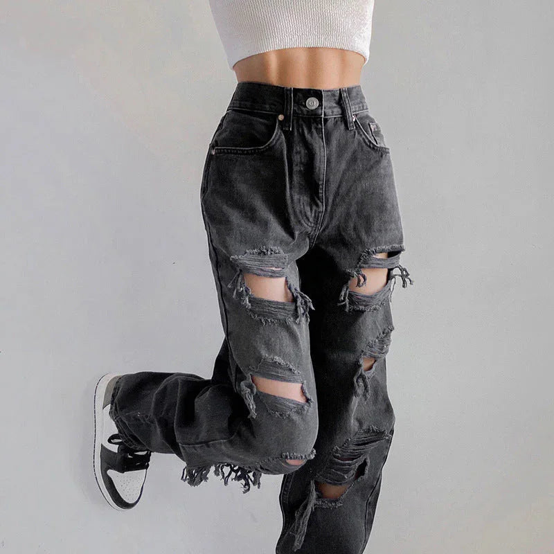 Damen Ripped Denim Jeans mit Rohsaum