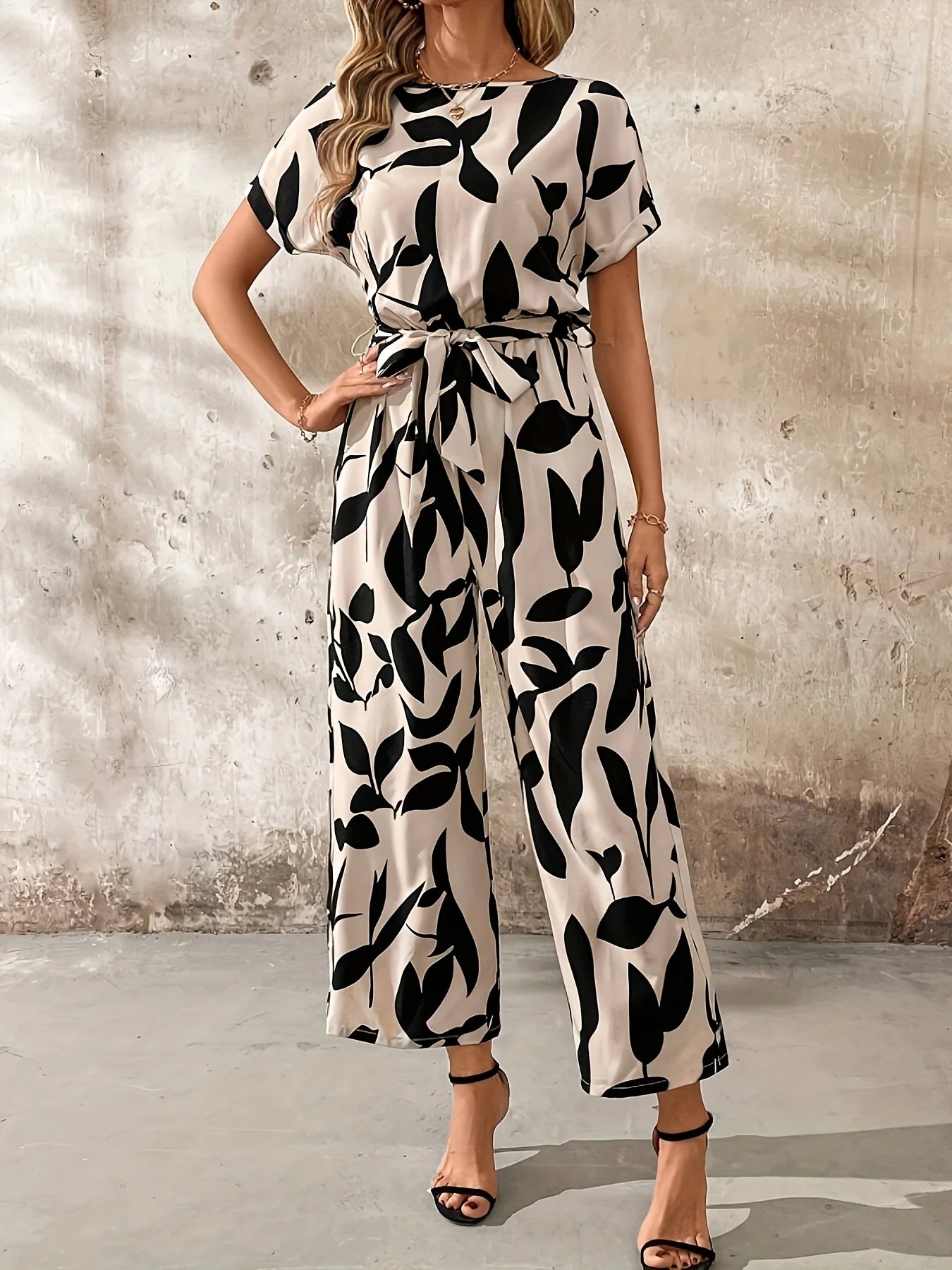 Nadine | Gemusterter Damen Jumpsuit mit Bindegürtel