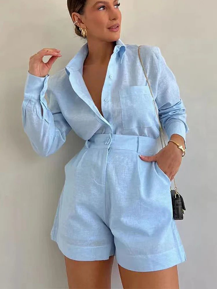 Noemi | Bluse und Shorts in Leinenoptik für elegante Sommertage