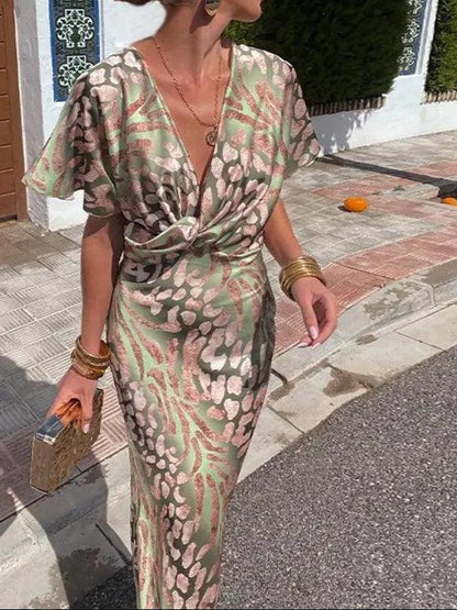 Damen Midi Kleid Satin Floral V-Ausschnitt