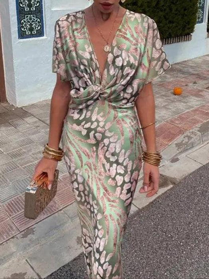 Damen Midi Kleid Satin Floral V-Ausschnitt