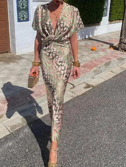 Damen Midi Kleid Satin Floral V-Ausschnitt