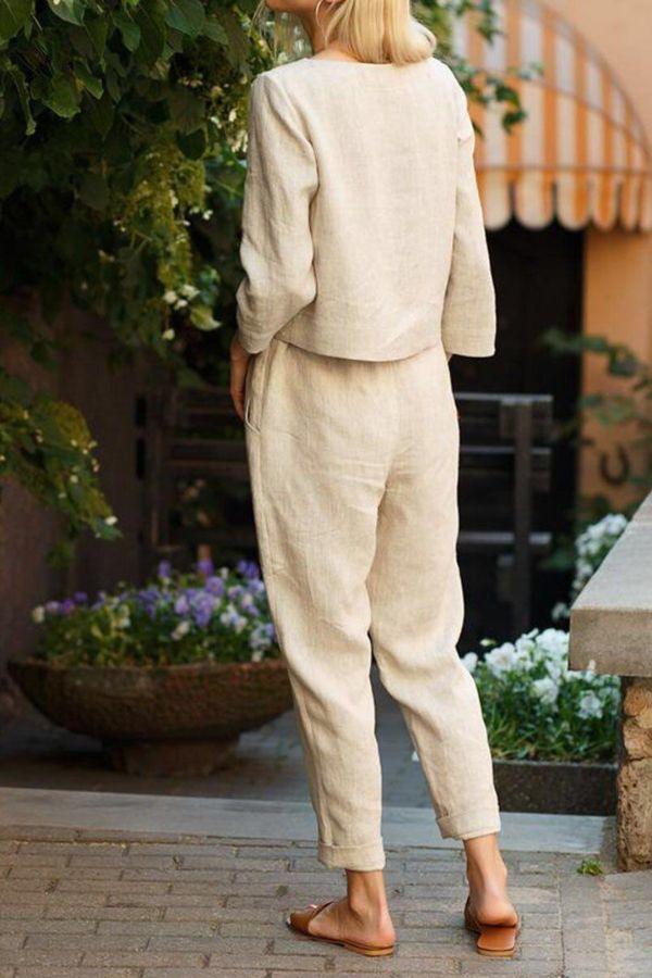 Damen Set aus Leinen Langarmshirt und Elastischen Bleistift-Hosen