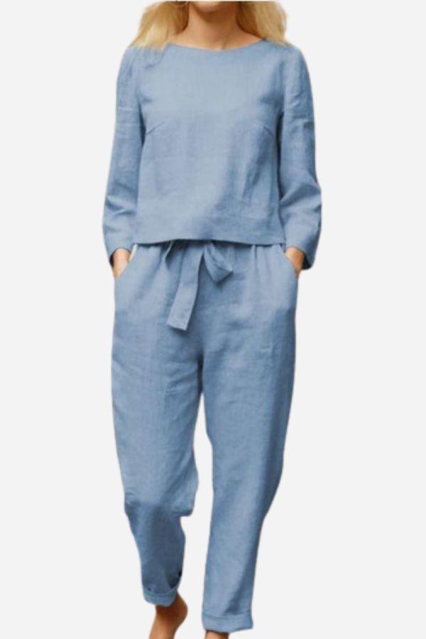 Damen Set aus Leinen Langarmshirt und Elastischen Bleistift-Hosen