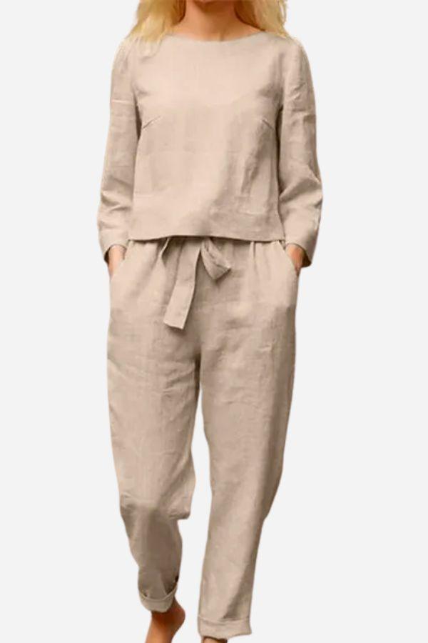 Damen Set aus Leinen Langarmshirt und Elastischen Bleistift-Hosen