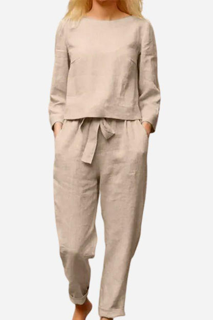 Damen Set aus Leinen Langarmshirt und Elastischen Bleistift-Hosen