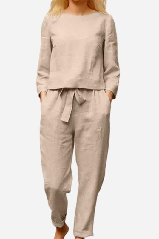 Damen Set aus Leinen Langarmshirt und Elastischen Bleistift-Hosen