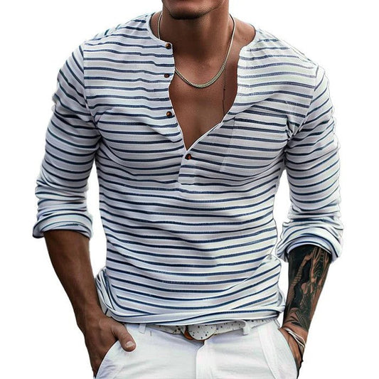 Gestreiftes Herren T-Shirt mit Henley-Kragen