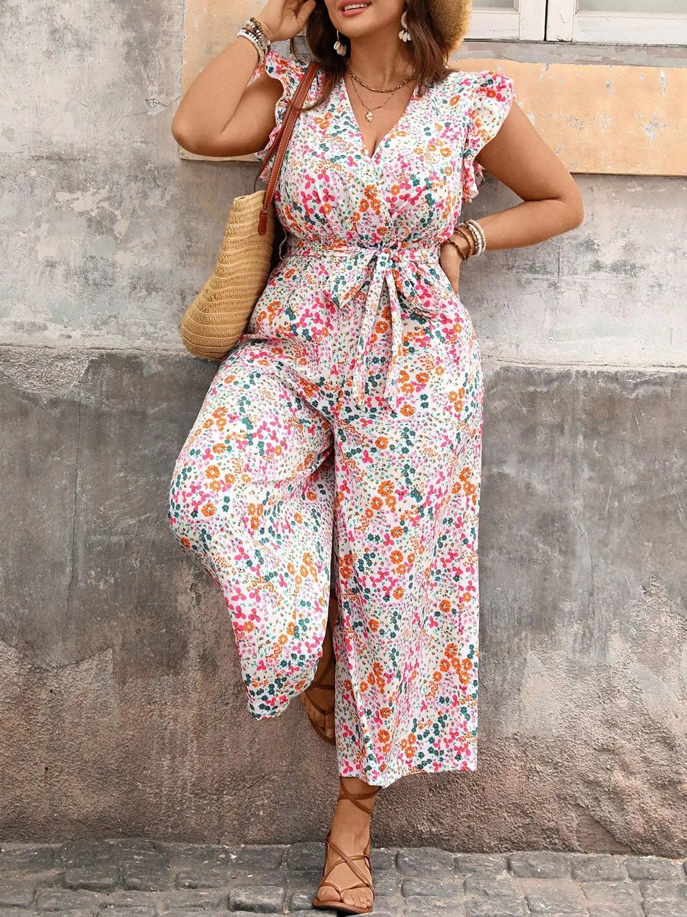 Michelle | Floraler Damen Jumpsuit mit Bindegürtel