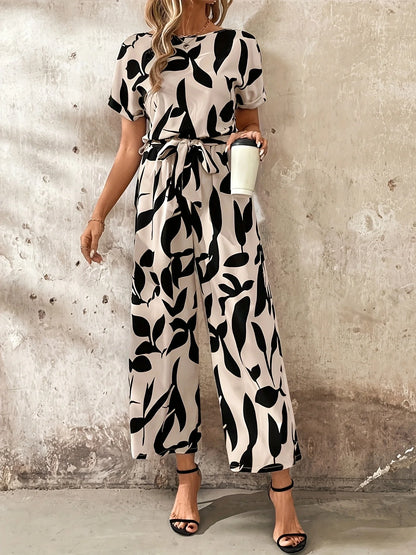Nadine | Gemusterter Damen Jumpsuit mit Bindegürtel