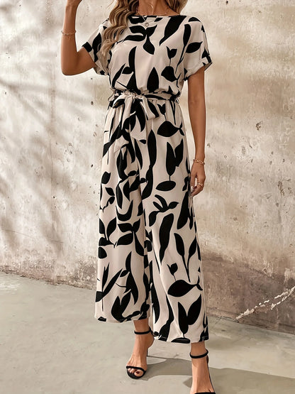 Nadine | Gemusterter Damen Jumpsuit mit Bindegürtel