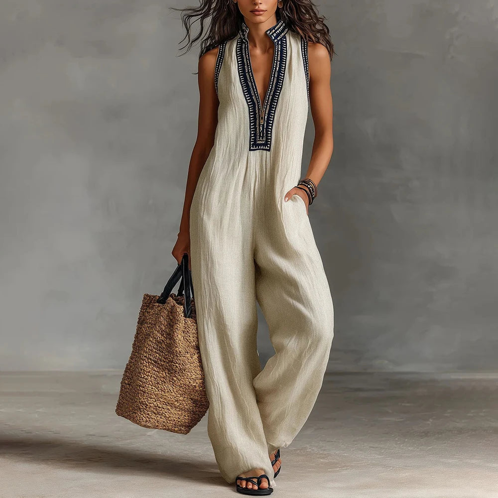 Yvonne | Bohemian Damen Jumpsuit mit Leinen-Look
